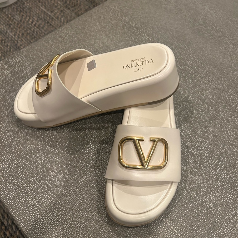 Valentino White Gold Luxury Sandals with Iconic V Logo